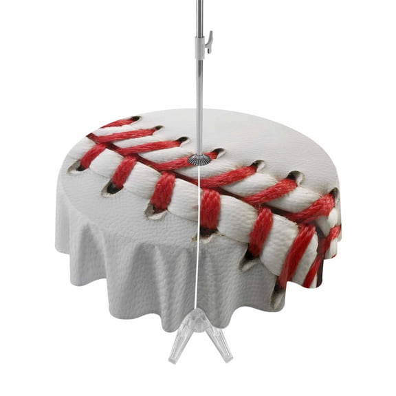 Outdoor Tablecloth with Umbrella Hole Zipper Baseball Round Tablecloth 54" Waterproof Outside Table Cloth Red White Texture Sports Ball Minimalist Patio Table Cover Tablecloths for Picnic Party
