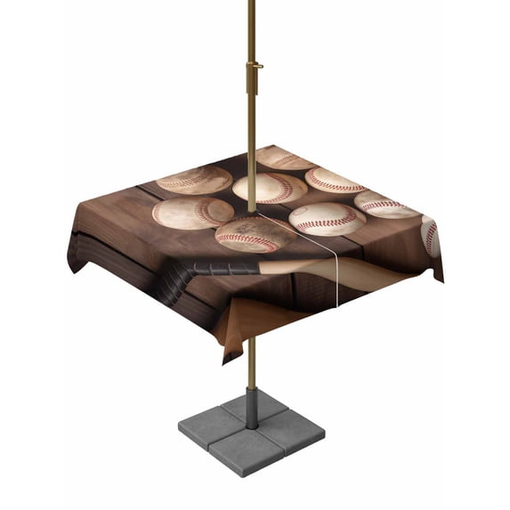 Outdoor Tablecloth with Umbrella Hole and Zipper, Baseball Square Table Cloth 54x54 Inch Waterproof Tablecloth, Farmhouse Retro Sport Theme Brown Wooden Grain Picnic Table Cover for Patio Camping