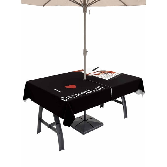 Outdoor Tablecloth with Umbrella Hole and Zipper, Basketball Rectangle Table Cloth 54x80 Inch Waterproof Tablecloth, Modern Funny Minimalist Sports Picnic Table Cover for Patio Camping