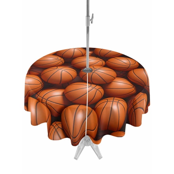 Outdoor Tablecloth with Umbrella Hole Zipper Basketball Round Tablecloth 54" Waterproof Outside Table Cloth Sports Brown Basketball Patio Table Cover Tablecloths for Picnic Party