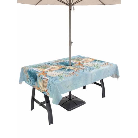 Outdoor Tablecloth with Umbrella Hole and Zipper, Beach Coastal Blue Rectangle Table Cloth 60x102 Inch Waterproof Tablecloth, Nautical Shell Starfish Coral Summer Picnic Table Cover for Patio Camping