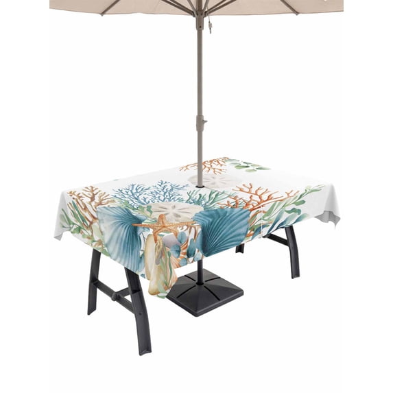 Outdoor Tablecloth with Umbrella Hole and Zipper, Beach Coastal Rectangle Table Cloth 60x120 Inch Waterproof Tablecloth, Summer Nautical Coral Shell Botanical Picnic Table Cover for Patio Camping