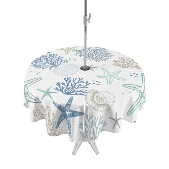 Outdoor Tablecloth with Umbrella Hole & Zipper, Beach Coastal Round Tablecloth 54 Inch, Summer Nautical Starfish Coral Shell Patio Table Cover Waterproof Table Cloth for Picnic/Party