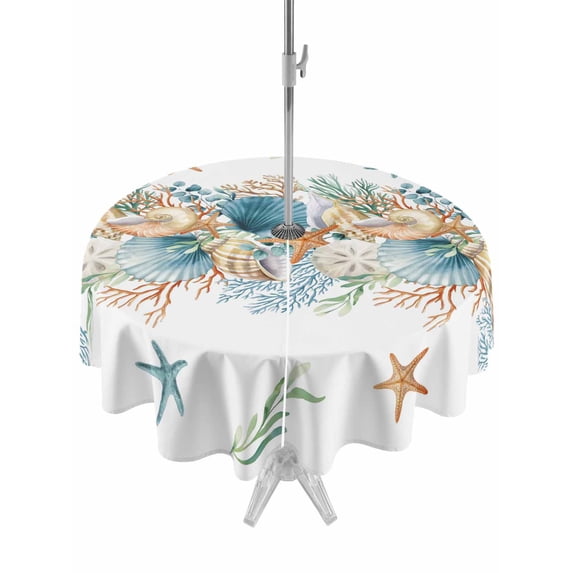 Outdoor Tablecloth with Umbrella Hole Zipper Beach Coastal Round Tablecloth 60" Waterproof Outside Table Cloth Nautical Shell Starfish Coral Summer Patio Table Cover Tablecloths for Picnic Party