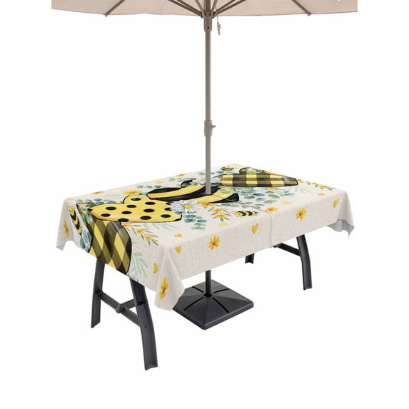 Outdoor Tablecloth with Umbrella Hole and Zipper, Bee Love Rectangle Table Cloth 60x84 Inch Waterproof Tablecloth, Daisy Eucalyptus Leaves Linen Rustic Beige Picnic Table Cover for Patio Camping