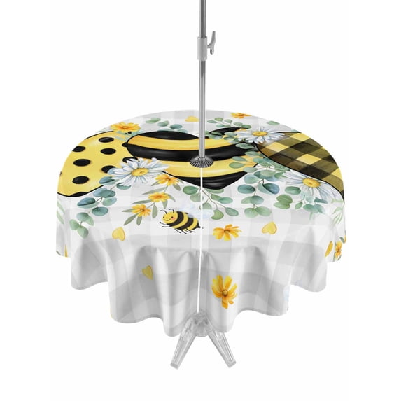 Outdoor Tablecloth with Umbrella Hole and Zipper, Bee Love Round Table Cloth 60 Inch Waterproof Tablecloth, Daisy Eucalyptus Leaves Rustic Gray Plaid Picnic Table Cover for Patio Camping