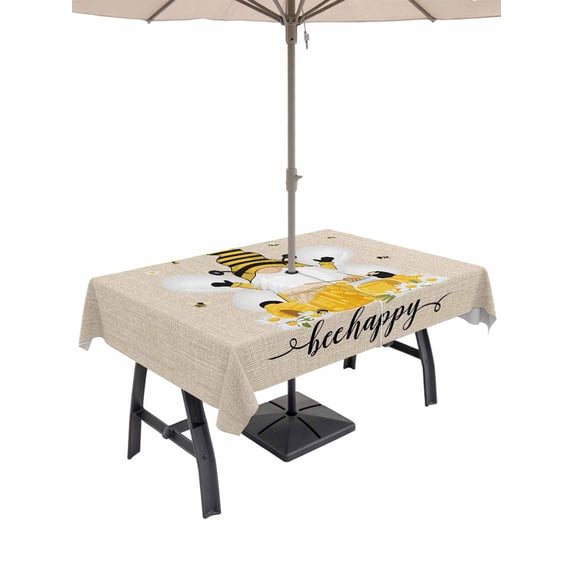 Outdoor Tablecloth with Umbrella Hole and Zipper, Bees Gnomes Rectangle Table Cloth 54x80 Inch Waterproof Tablecloth, Spring Floral Daisy Farmhouse Rustic Picnic Table Cover for Patio Camping