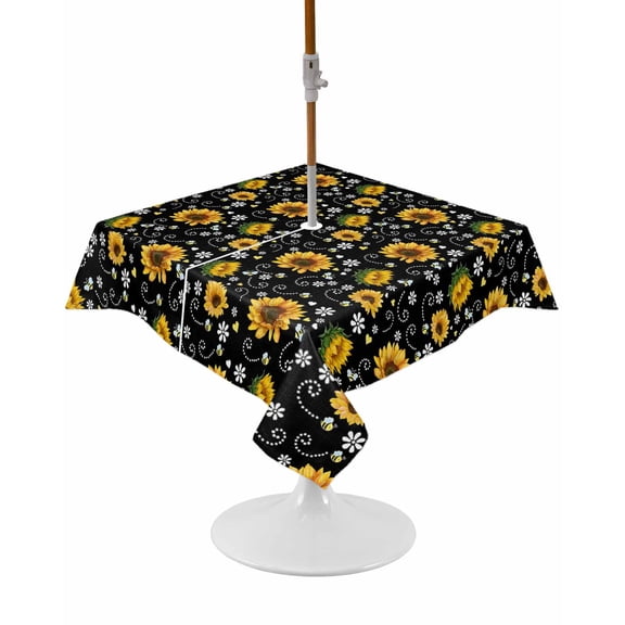 Outdoor Tablecloth with Umbrella Hole and Zipper Bees Sunflower Square Tablecloths 54x54 Inch Waterproof Table Cloths Farmhouses Flower Black Patio Table Cover for Outdoor Tables Picnic BBQS Party