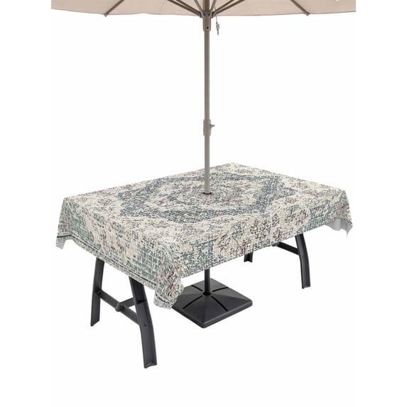 Outdoor Tablecloth with Umbrella Hole and Zipper, Beige Boho Floral Rectangle Table Cloth 60x120 Inch Waterproof Tablecloth, Medieval Vintage Ethnic Flower Abstract Picnic Table Cover for Patio