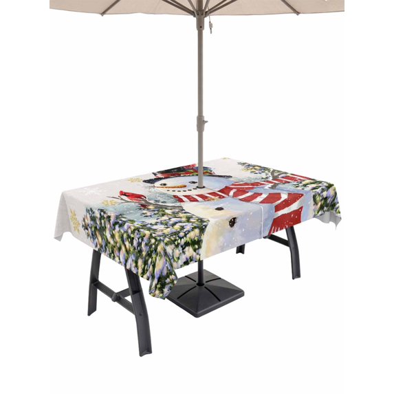 Outdoor Tablecloth with Umbrella Hole and Zipper, Beige Burlap Snowman Rectangle Table Cloth 52x70 Inch Waterproof Tablecloth, Christmas Tree Snowflake Winter Picnic Table Cover for Patio Camping