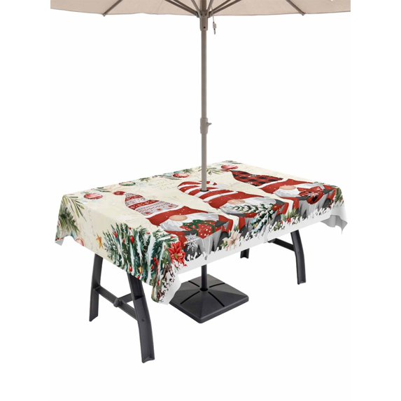Outdoor Tablecloth with Umbrella Hole and Zipper, Beige Christmas Rectangle Table Cloth 52x70 Inch Waterproof Tablecloth, Gnomes Xmas Tree Poinsettia Eucalyptus Picnic Table Cover for Patio Camping