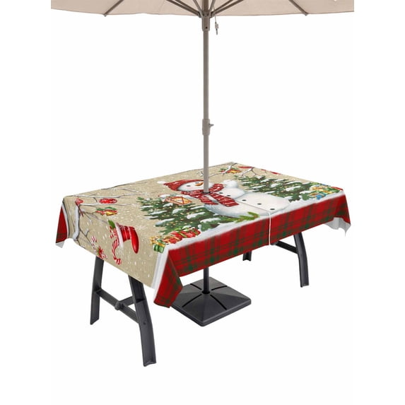 Outdoor Tablecloth with Umbrella Hole and Zipper, Beige Christmas Rectangle Table Cloth 54x80 Inch Waterproof Tablecloth, Snowman Xmas Tree Birch Snowflakes Red Plaid Picnic Table Cover for Patio