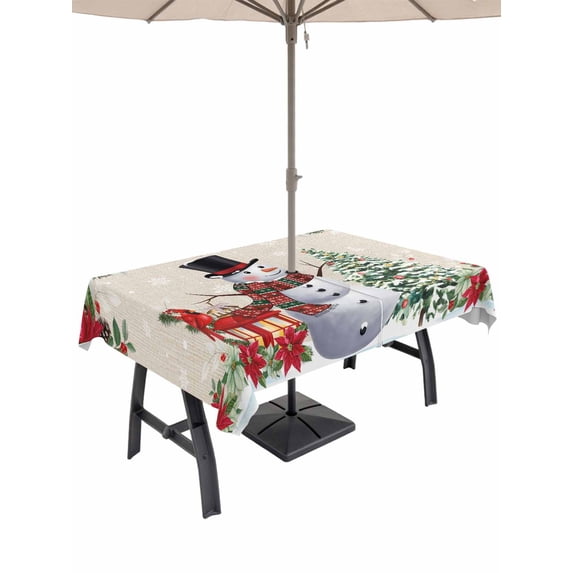 Outdoor Tablecloth with Umbrella Hole and Zipper, Beige Christmas Rectangle Table Cloth 60x102 Inch Waterproof Tablecloth, Snowman Xmas Tree Poinsettia Snowflake Picnic Table Cover for Patio Camping