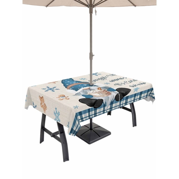 Outdoor Tablecloth with Umbrella Hole and Zipper, Beige Christmas Rectangle Table Cloth 60x120 Inch Waterproof Tablecloth, Xmas Snowflakes Gnomes Gingerbread Man Picnic Table Cover for Patio Camping