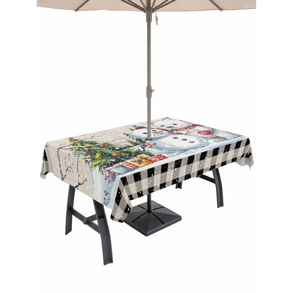 Outdoor Tablecloth with Umbrella Hole and Zipper, Beige Christmas Rectangle Table Cloth 60x84 Inch Waterproof Tablecloth, Xmas Tree Snowman Bear Snowfall Plaid Picnic Table Cover for Patio Camping