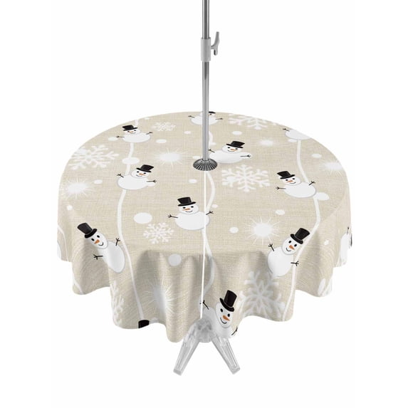 Outdoor Tablecloth with Umbrella Hole and Zipper, Beige Christmas Round Table Cloth 54 Inch Waterproof Tablecloth, Xmas Snowman Snowflake Picnic Table Cover for Patio Camping