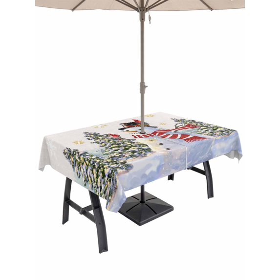 Outdoor Tablecloth with Umbrella Hole and Zipper, Beige Christmas Snowman Rectangle Table Cloth 54x80 Inch Waterproof Tablecloth, Winter Xmas Tree Snowflakes Picnic Table Cover for Patio Camping