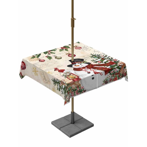 Outdoor Tablecloth with Umbrella Hole and Zipper, Beige Christmas Snowman Square Table Cloth 54x54 Inch Waterproof Tablecloth, Xmas Snowflake Elk Tree Balls Picnic Table Cover for Patio Camping