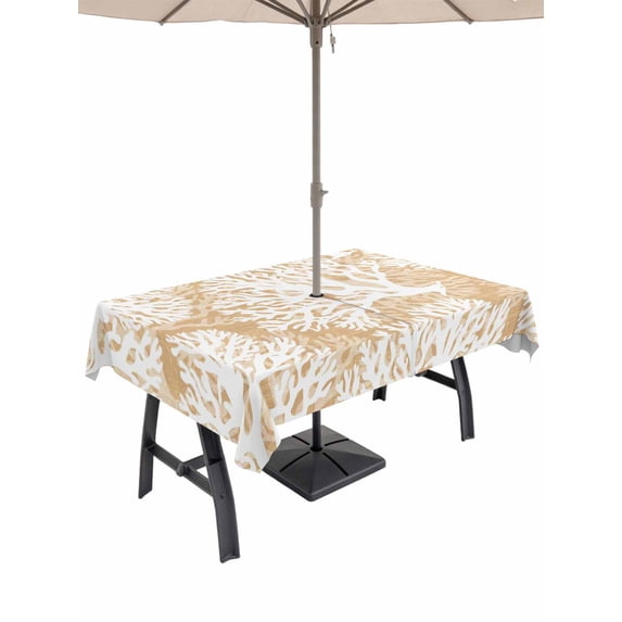 Outdoor Tablecloth with Umbrella Hole & Zipper, Beige Coral Coastal Rectangle Tablecloth 60x120 Inch, Summer Nautical Ocean Beach Patio Table Cover Waterproof Table Cloth for Picnic/Party