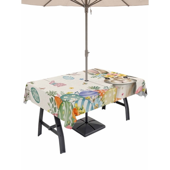 Outdoor Tablecloth with Umbrella Hole and Zipper, Beige Easter Bunny Rectangle Table Cloth 54x80 Inch Waterproof Tablecloth, Spring Easter Eggs Floral Rustic Burlap Picnic Table Cover for Patio
