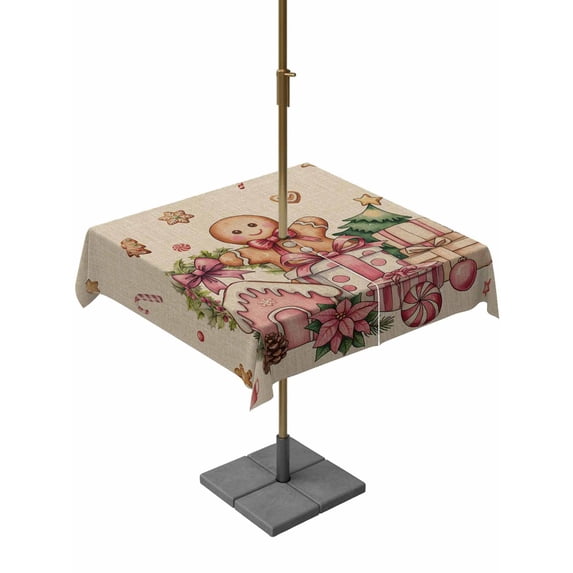 Outdoor Tablecloth with Umbrella Hole and Zipper, Beige Gingerbread Christmas Square Table Cloth 54x54 Inch Waterproof Tablecloth, Xmas Tree Gift House Star Picnic Table Cover for Patio Camping