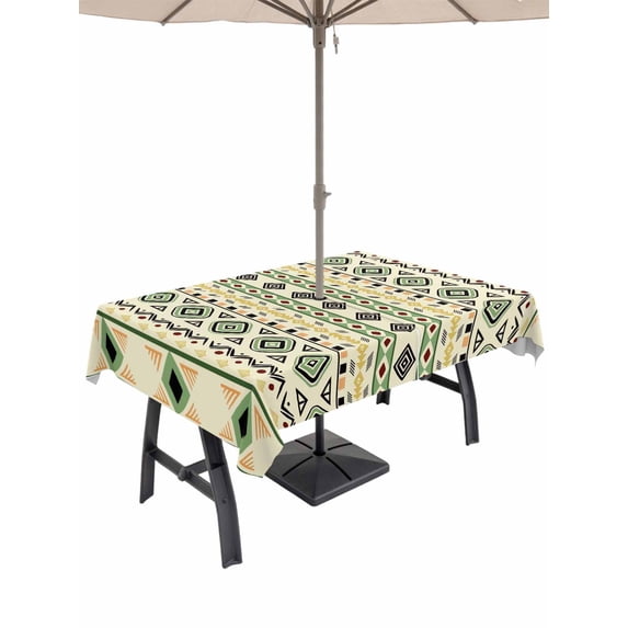 Outdoor Tablecloth with Umbrella Hole and Zipper, Beige Green Boho Rectangle Table Cloth 60x102 Inch Waterproof Tablecloth, Vintage Ethnic Tribe Abstract Art Picnic Table Cover for Patio Camping