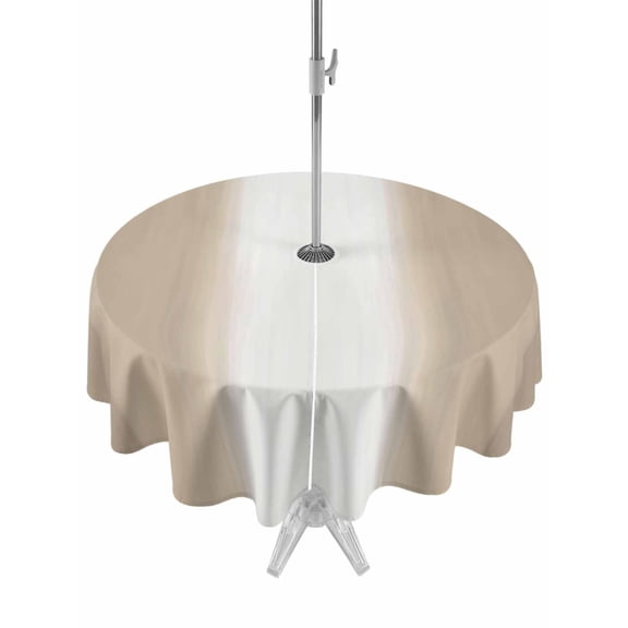 Outdoor Tablecloth with Umbrella Hole & Zipper, Beige Ombre Round Tablecloth 54 Inch, Modern Farmhouse Gradients Art Patio Table Cover Waterproof Table Cloth for Picnic/Party