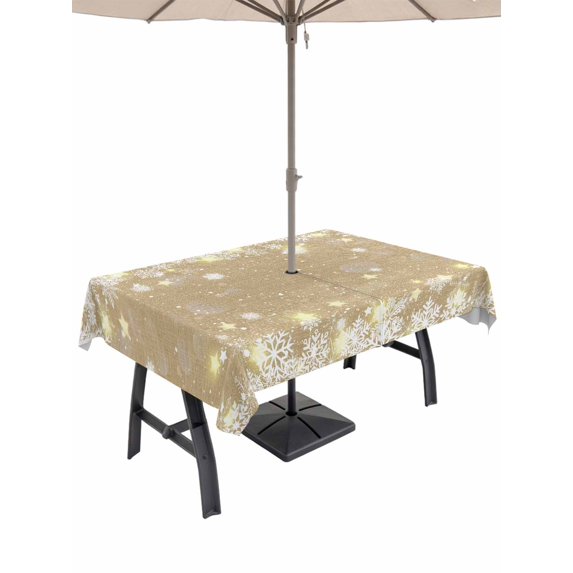 Outdoor Tablecloth with Umbrella Hole and Zipper, Beige Snowflake Christmas Rectangle Table Cloth 52x70 Inch Waterproof Tablecloth, Winter Xmas Snowflake Farmhouse Picnic Table Cover for Patio