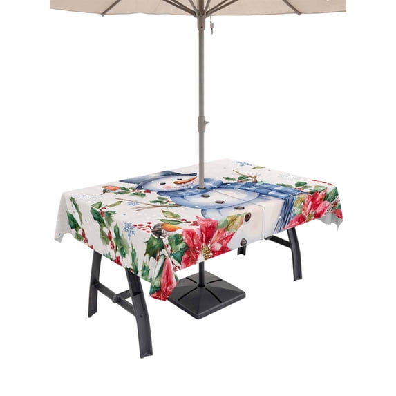 Outdoor Tablecloth with Umbrella Hole and Zipper, Beige Snowman Rectangle Table Cloth 54x80 Inch Waterproof Tablecloth, Christmas Poinsettia Winter Snowflake Picnic Table Cover for Patio Camping