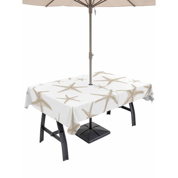 Outdoor Tablecloth with Umbrella Hole & Zipper, Beige Starfish Coastal Rectangle Tablecloth 60x120 Inch, Summer Beach Nautical Ocean Patio Table Cover Waterproof Table Cloth for Picnic/Party