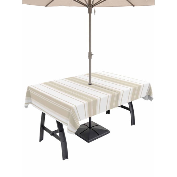 Outdoor Tablecloth with Umbrella Hole & Zipper, Beige Striped Rectangle Tablecloth 52x70 Inch, Minimalist Farmhouse Vertical Stripe Patio Table Cover Waterproof Table Cloth for Picnic/Party