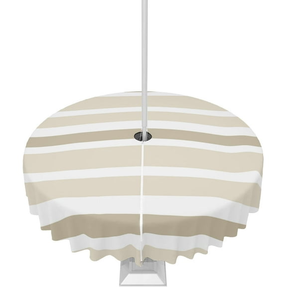 Outdoor Tablecloth with Umbrella Hole and Zipper Beige White Stripes Round Outdoor Tablecloths 60 Inch Waterproof Outside Table Cloths Patio Table Cloth Cover for Outdoor Tables Picnic Garden