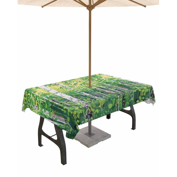 Outdoor Tablecloth with Umbrella Hole Zipper,Birch Forest Green Leaves Seamless Waterproof Zippered Table Cloth for Rectangle Tables,Vintage Oil Painting Art Patio Table Covers for Indoor Pinic Party