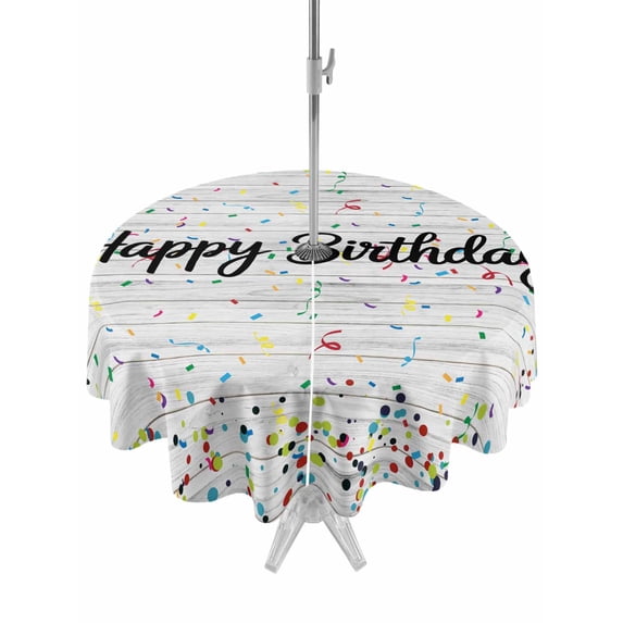 Outdoor Tablecloth with Umbrella Hole and Zipper, Birthday Round Table Cloth 54 Inch Waterproof Tablecloth, Colorful Confetti Ribbons Polka Dots Vintage Wood Picnic Table Cover for Patio Camping