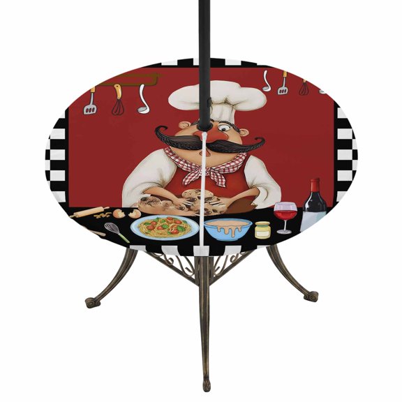 Outdoor Tablecloth with Umbrella Hole and Zipper Bistro Cooking Chef Round Fitted Table Cover with Elastic Waterproof Funny Kitchen Wine Black Plaid Patio Tablecloths for Picnic BBQS Fit 55"-60"