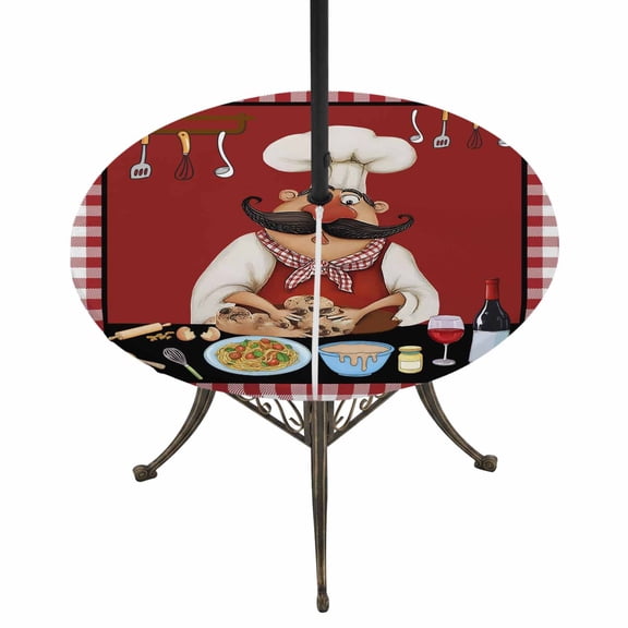 Outdoor Tablecloth with Umbrella Hole and Zipper Bistro Cooking Chef Round Fitted Table Cover with Elastic Waterproof Funny Kitchen Wine Red Plaid Patio Tablecloths for Picnic BBQS Fit 45"-54"