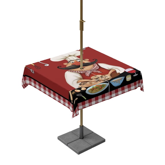 Outdoor Tablecloth with Umbrella Hole and Zipper Bistro Cooking Chef Square Tablecloths 54x54 Inch Waterproof Funny Kitchen Wine Red Plaid Patio Table Cover for Outdoor Tables BBQS Party Decor