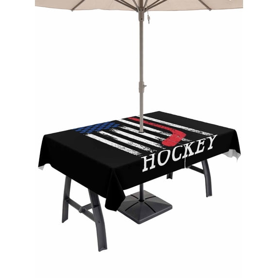 Outdoor Tablecloth with Umbrella Hole and Zipper, Black American Flag Rectangle Table Cloth 60x120 Inch Waterproof Tablecloth, Abstract Red Hockey Stripes Us Flag Picnic Table Cover for Patio Camping