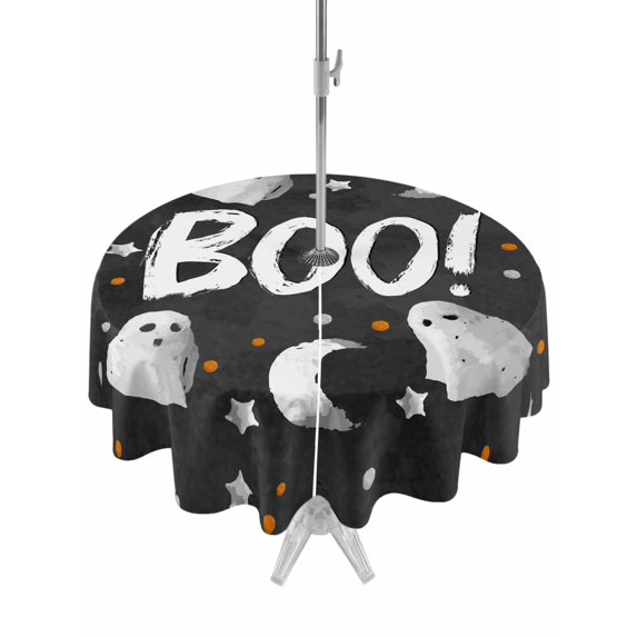 Outdoor Tablecloth with Umbrella Hole and Zipper, Black BOO Halloween Round Table Cloth 60 Inch Waterproof Tablecloth, Cute Ghost Spooky Star Moon Dots Picnic Table Cover for Patio Camping