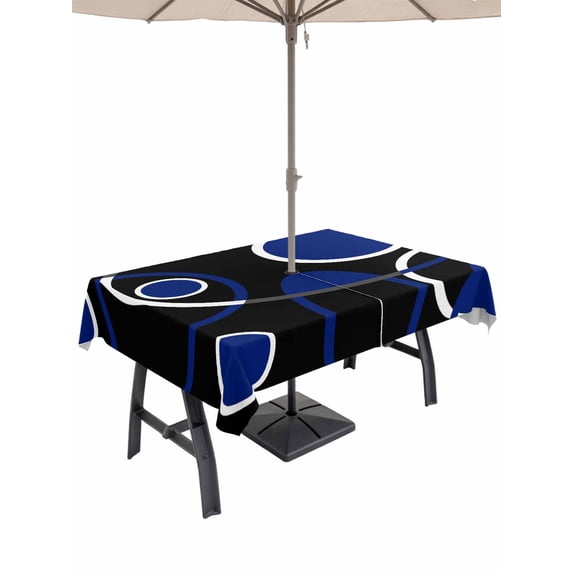 Outdoor Tablecloth with Umbrella Hole and Zipper, Black Blue Rectangle Table Cloth 52x70 Inch Waterproof Tablecloth, White Circle Geometric Abstract Texture Picnic Table Cover for Patio Camping
