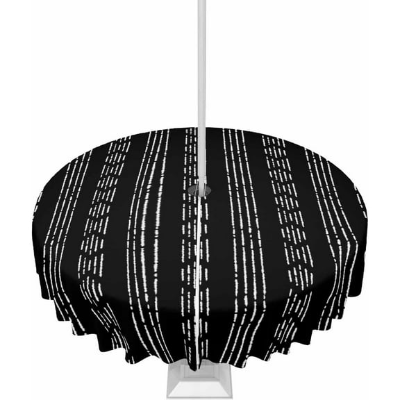 Outdoor Tablecloth with Umbrella Hole and Zipper Black Boho Round Outdoor Tablecloths 60 Inch Table Cloths Bohemian Style Stripe Patio Table Cloth Cover for Outdoor Tables Picnic Garden