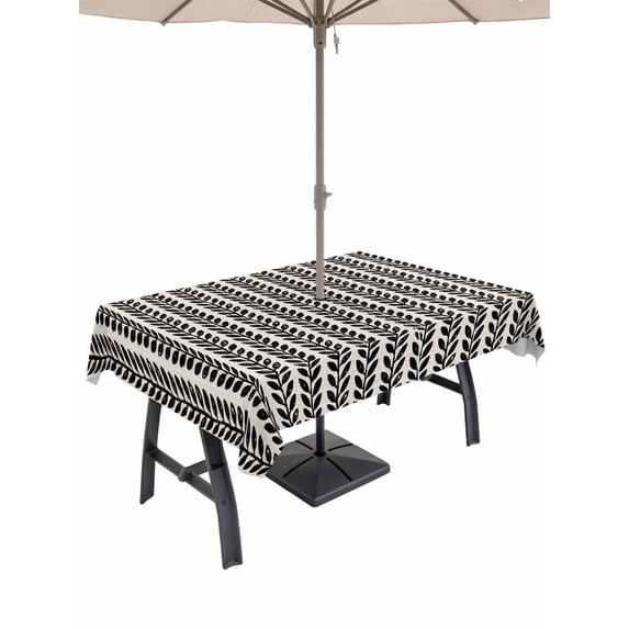Outdoor Tablecloth with Umbrella Hole & Zipper, Black Botanical Rectangle Tablecloth 60x102 Inch, Farmhouse Modern Striped Leaf Patio Table Cover Waterproof Table Cloth for Picnic/Party