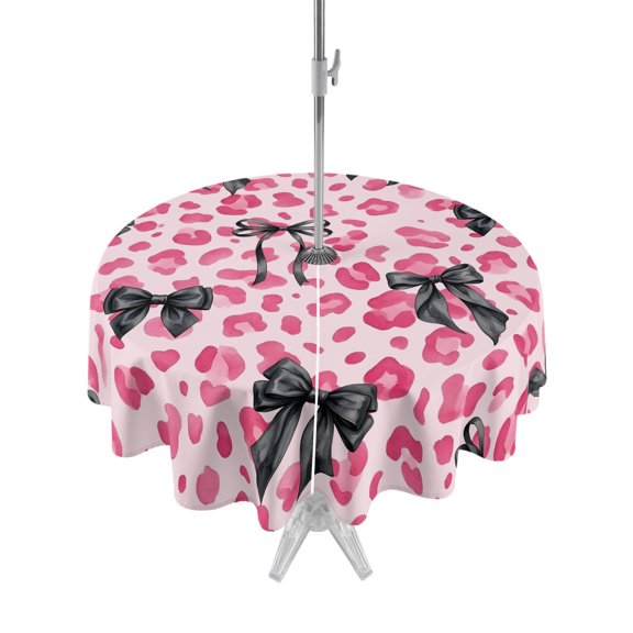 Outdoor Tablecloth with Umbrella Hole Zipper Black Bow Pink Leopard Round Tablecloth 54" Waterproof Outside Table Cloth Minimalist Boho Chic Modern Patio Table Cover Tablecloths for Picnic Party