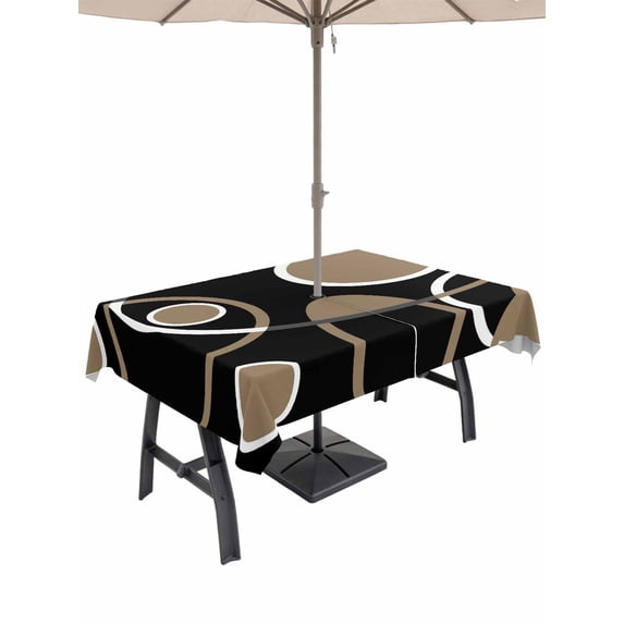 Outdoor Tablecloth with Umbrella Hole and Zipper, Black Brown Rectangle Table Cloth 54x80 Inch Waterproof Tablecloth, White Circle Modern Minimalist Geometric Picnic Table Cover for Patio Camping