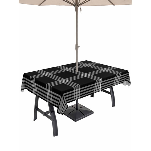 Outdoor Tablecloth with Umbrella Hole & Zipper, Black Checkered Rectangle Tablecloth 52x70 Inch, Farmhouse Buffalo Plaid Modern Patio Table Cover Waterproof Table Cloth for Picnic/Party