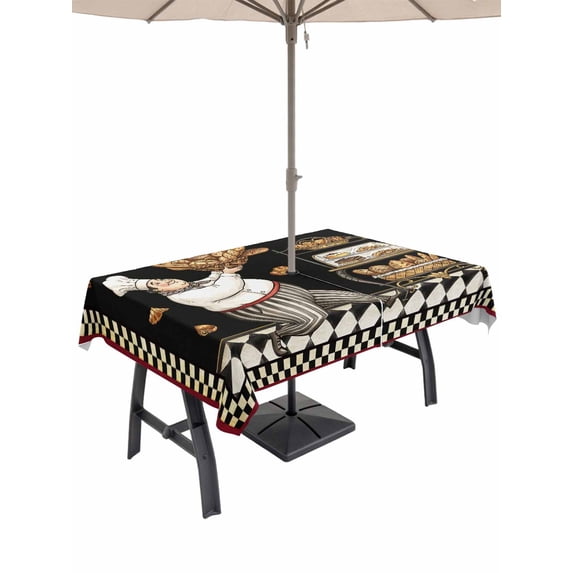 Outdoor Tablecloth with Umbrella Hole & Zipper, Black Chef Rectangle Tablecloth 60x84 Inch, Kitchen Cooking Baking Black White Plaid Patio Table Cover Waterproof Table Cloth for Picnic/Party