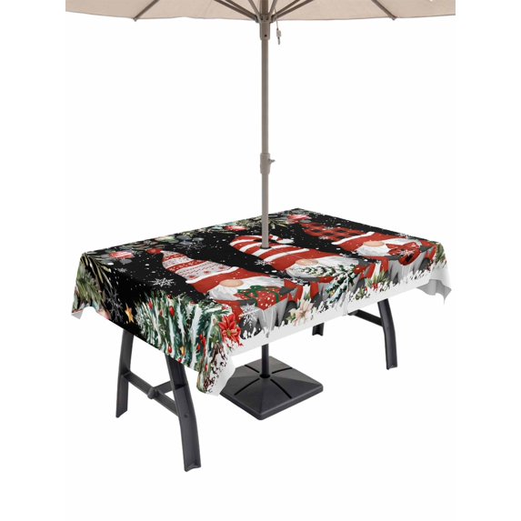 Outdoor Tablecloth with Umbrella Hole and Zipper, Black Christmas Rectangle Table Cloth 54x80 Inch Waterproof Tablecloth, Gnomes Xmas Tree Poinsettia Eucalyptus Picnic Table Cover for Patio Camping