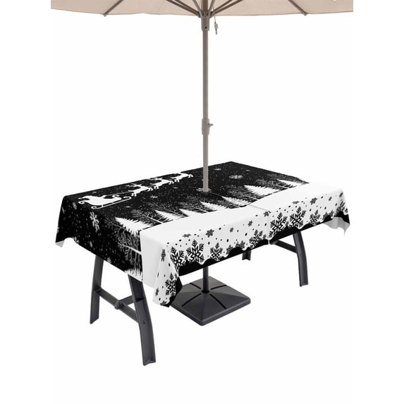 Outdoor Tablecloth with Umbrella Hole and Zipper, Black Christmas Rectangle Table Cloth 54x80 Inch Waterproof Tablecloth, Xmas Elk Tree Snowflake Forest Picnic Table Cover for Patio Camping