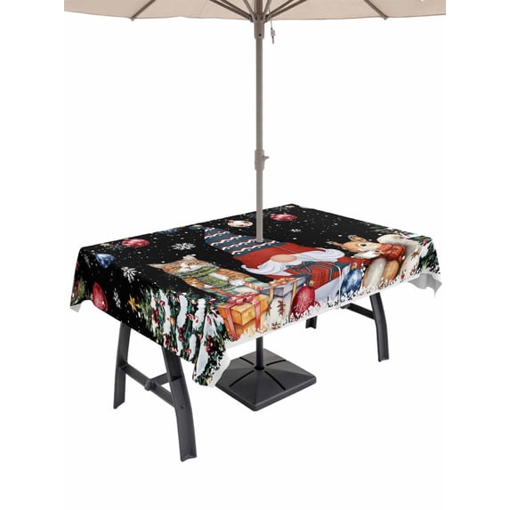 Outdoor Tablecloth with Umbrella Hole and Zipper, Black Christmas Rectangle Table Cloth 60x102 Inch Waterproof Tablecloth, Gnomes Poinsettia Ball Pine Tree Leaves Picnic Table Cover for Patio Camping