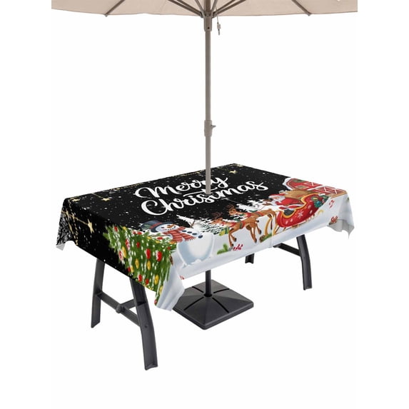 Outdoor Tablecloth with Umbrella Hole and Zipper, Black Christmas Rectangle Table Cloth 60x102 Inch Waterproof Tablecloth, Santa Snowman Snowflake Elk Xmas Tree Picnic Table Cover for Patio Camping